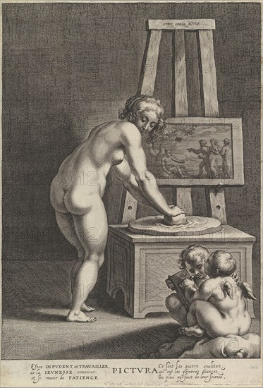 Pictura: allegory of painting, with a nude woman at center grinding pigments, two p..., ca. 1610-50. Creator: Cornelis Galle I.