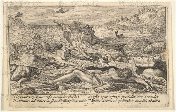 The Flood destroys life on earth: corpses of humans and animals adrift in the foreground..., 1612. Creator: Crispijn de Passe I.