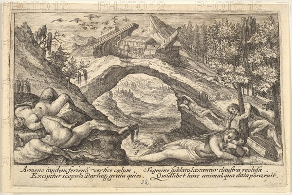 Aftermath of the Flood: human bodies strewn on dry land in the foreground, Noah's ark moor..., 1612. Creator: Crispijn de Passe I.