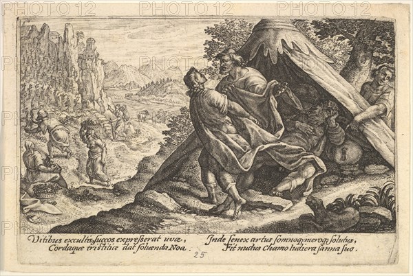 Drunkenness of Noah: Shem and Japheth cover the naked body of Noah, who lies in a tent, a ..., 1612. Creator: Crispijn de Passe I.