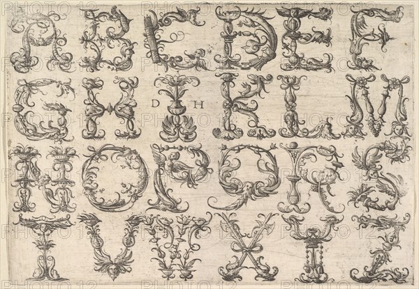 Ornamented Roman Majuscule Alphabet, ca. 1520. Creator: Daniel Hopfer.