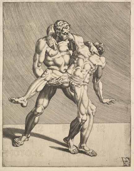 Wrestlers, from Wrestlers, plate 3, 1552. Creator: Dirck Volkertsen Coornhert.