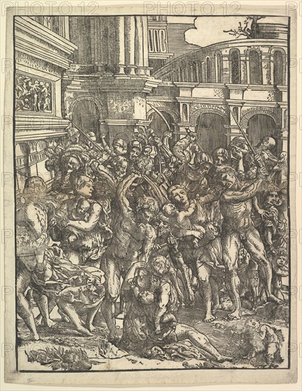 The Massacre of the Innocents (Right side) with group of male figures attacking women and ..., 1517. Creator: Domenico Campagnola.