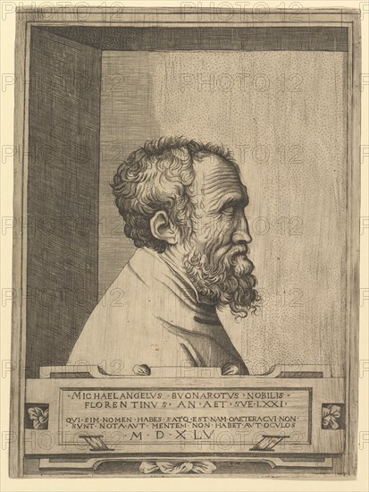 Portrait of Michelangelo in profile facing right set within a recess, 1545. Creator: Unknown.