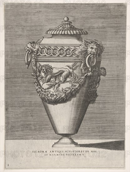 Antique Lidded Urn Decorated with a Motif of Diamond Rings and Lions, from Vases ..., 1543 or after. Creator: Enea Vico.