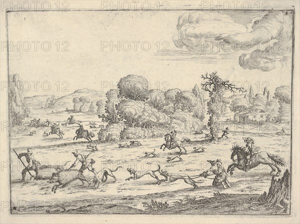 Boar hunt in a landscape, ca. 1620-38. Creator: Ercole Bazicaluva.