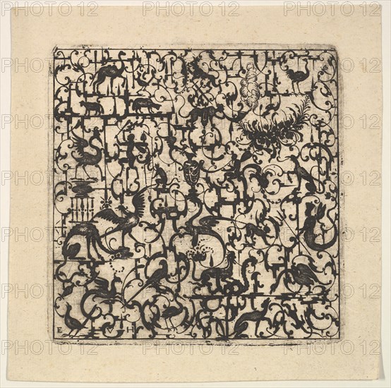 Square Blackwork Design in Silhouette Style with Schweifwerk and Grotesque Figures, 1617. Creator: Esaias von Hulsen.