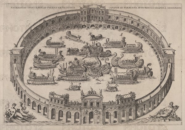 Naval engagement set inside a Roman arena, with the river Tiber and nymphs at lower lef..., 1577-85. Creator: Etienne Duperac.