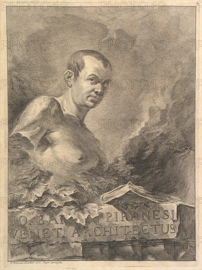 Portrait of G.B. Piranesi in imitation of an antique bust, from Opere varie di Architettur..., 1750. Creator: Francesco Polanzani.