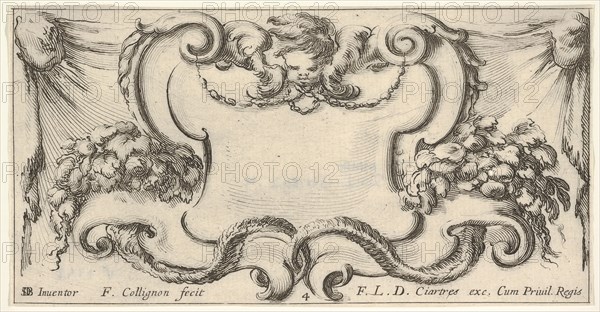 Plate 4: a cartouche with the head of a cherub at top center, leaves and flowers to..., ca. 1640-45. Creator: Francois Collignon.