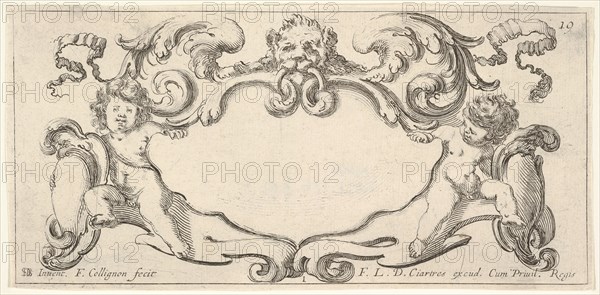 Plate 1: a cartouche with a lion head with wings at top center, a putto holding a b..., ca. 1640-45. Creator: Francois Collignon.