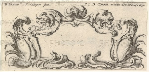 Plate 10: a cartouche with the heads of two lions in profile to left and right in t..., ca. 1640-45. Creator: Francois Collignon.