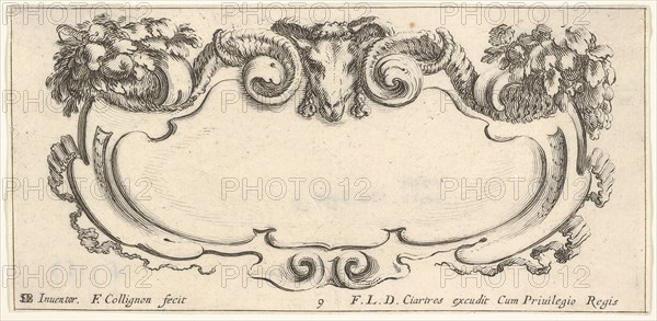 Plate 9: a cartouche with the head of a ram at top center, flowers at top left and ..., ca. 1640-45. Creator: Francois Collignon.