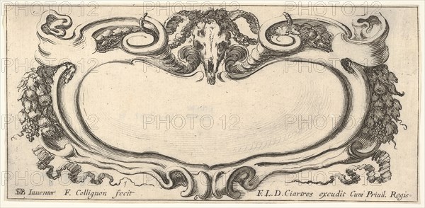 Plate 6: a cartouche with a ram skull at top center, grapes and other fruits to eit..., ca. 1640-45. Creator: Francois Collignon.