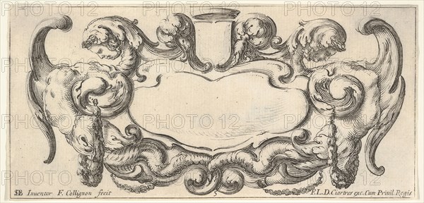 Plate 5: a cartouche with a blank escutcheon at top center, a chimera to either sid..., ca. 1640-45. Creator: Francois Collignon.