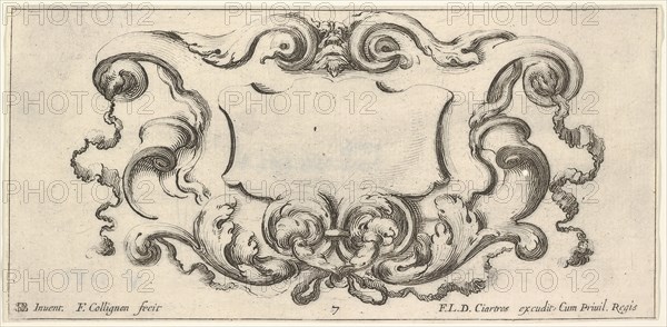 Plate 7: a cartouche with the mask of an ogre at top center, scrollwork to either s..., ca. 1640-45. Creator: Francois Collignon.