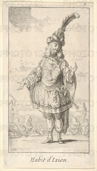 Habit d'Ixion: a man wearing a tonnelet with a sword in the belt, a turban with one la..., ca. 1721. Creator: Francois Joullain.