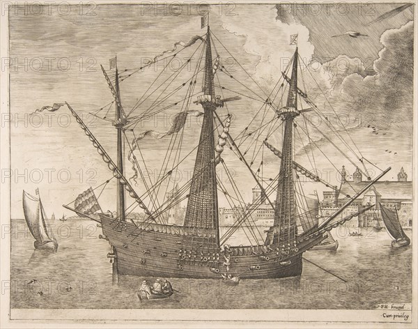 Armed Three-Master Anchored Near a City from The Sailing Vessels, ca. 1555-56. Creator: Frans Huys.