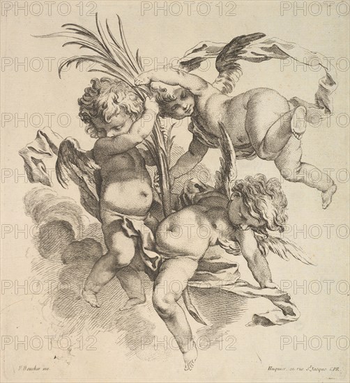 Three Children Among Clouds Near a Palm Leaf, 1738-45. Creator: Gabriel Huquier.