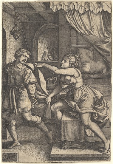 Joseph strides away from Potiphar's wife, who clutches his cloak with both hands as she st..., 1546. Creator: Georg Pencz.