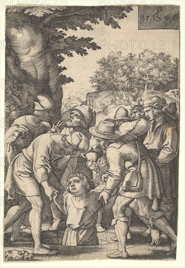 Joseph lowered into a well by his brothers, from the series 'The Story of Joseph', 1546. Creator: Georg Pencz.