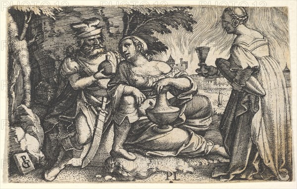 Lot and his daughters: a daughter at center rests her right arm on Lot's knee and a ve..., ca. 1531. Creator: Georg Pencz.