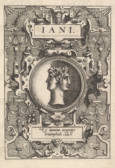 Bust of Janus surrounded by strapwork, from the series 'Deorum dearumque,' a set of images..., 1573. Creators: Johannes van Doetecum I, Lucas van Doetecum.