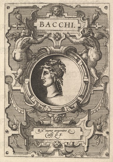 Bust of Bacchus surrounded by strapwork, from the series' Deorum dearumque,' a set of imag..., 1573. Creators: Gerard van Groeningen, Johannes van Doetecum I, Lucas van Doetecum.