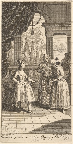 Gulliver Presented to the Queen of Babilary, Frontispiece to "The Travels of Mr. ..., February 1730. Creator: Gerard Vandergucht.