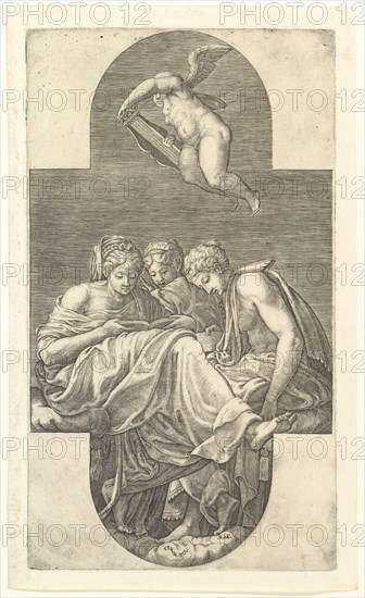 Three Muses and a Putto with a Lyre, a cruciform composition, from a series of eight comp..., 1560s. Creator: Giorgio Ghisi.