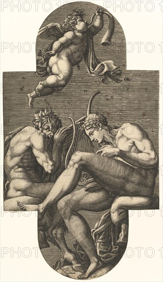 Apollo, Pan, and a putto blowing a horn, from a series of eight compositions after France..., 1560s. Creator: Giorgio Ghisi.