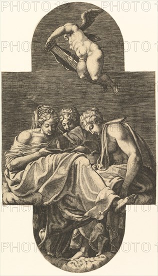 Three Muses and a putto above with a lyre, from a series of eight compositions after Fran..., 1560s. Creator: Giorgio Ghisi.