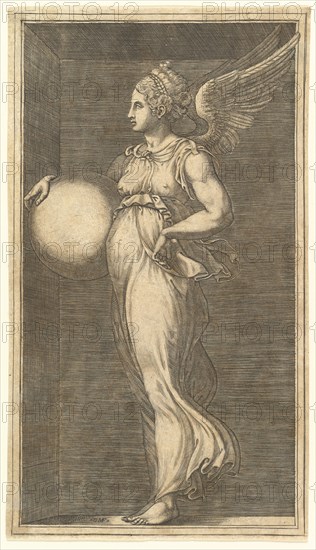 Female Winged Allegorical Figure Holding a Sphere, 1558/1559. Creator: Giorgio Ghisi.