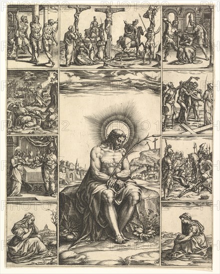 The Man of Sorrows; an image of Christ surrounded by nine vignettes depicting scenes of..., by 1575. Creator: Giorgio Ghisi.