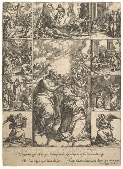 The Coronation of the Virgin; surrounded by nine vignettes with scenes from the life of..., by 1575. Creator: Giorgio Ghisi.