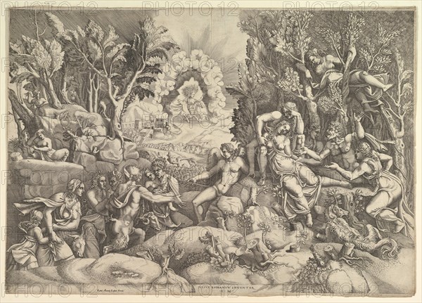 The Death of Procris; Cephalus mournig the death of Procris on the right surrounded by..., ca. 1540. Creator: Giorgio Ghisi.