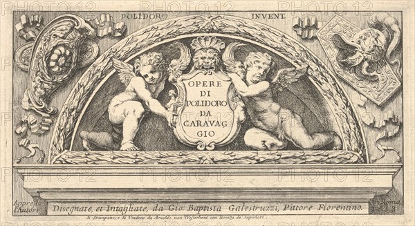 Titeplate to series of prints after Poloidoro, title on a shield supported by two putti, 1658. Creator: Giovanni Battista Galestruzzi.