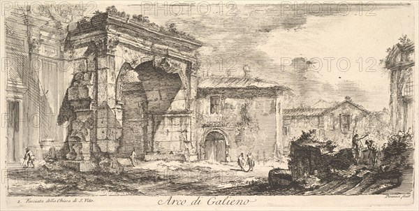 Arch of Galienus. 1. Façade od the Church of S. Vito (Arco di Galieno. 1. Facciata del..., ca. 1748. Creator: Giovanni Battista Piranesi.