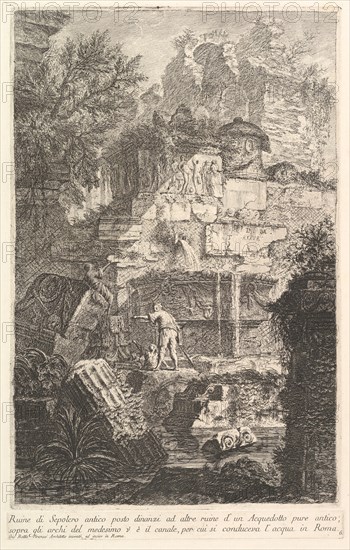 Ruins of an ancient tomb in front of ruins of an ancient aqueduct (Ruine di Sepolcro a..., ca. 1750. Creator: Giovanni Battista Piranesi.