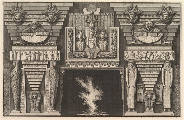 Chimneypiece in the Egyptian style: Two mummies in profile on the left and two figures..., ca. 1769. Creator: Giovanni Battista Piranesi.