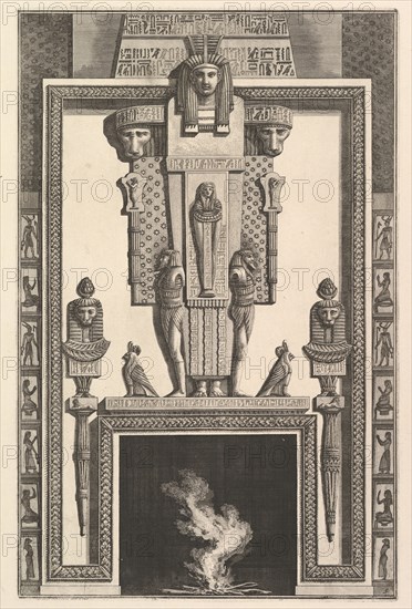 Chimneypiece in the Egyptian style: Mummy superimposed on a large caryatid above the linte..., 1769. Creator: Giovanni Battista Piranesi.