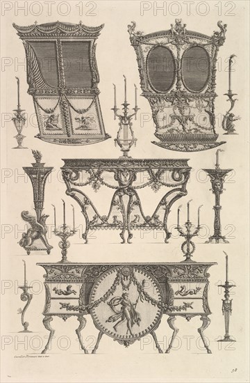 Miscellaneous furniture including two sedan chairs, a side table and a commode
