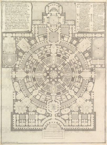 Plan of a spacious and magnificent College designed after the ancient gymnasia of the Gree..., 1750. Creator: Giovanni Battista Piranesi.