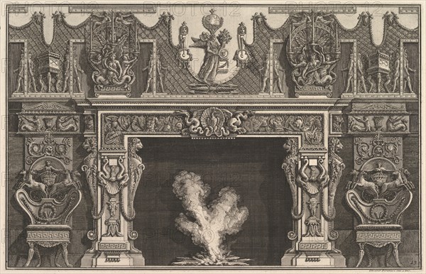 Bird in shell at the center of the lintel, with a frieze of trophies, surmounted by an..., 1769