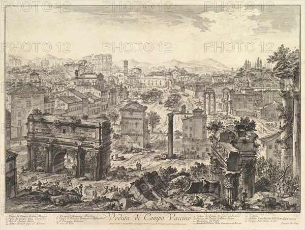 The Forum Romanum, or Campo Vaccino, from the Capitol, with the Arch of Septimius in t..., ca. 1775. Creator: Giovanni Battista Piranesi.