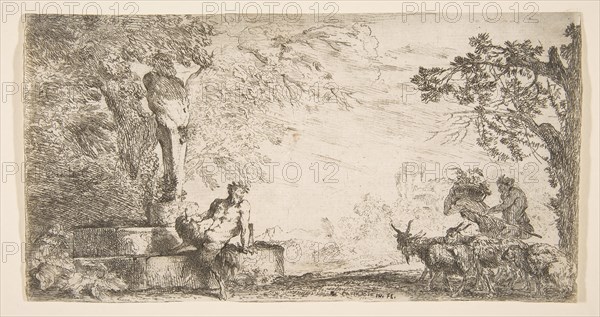 A satyr reclining at the foot of a staute of Priapus, goats at the right, ca. 1645-48. Creator: Giovanni Benedetto Castiglione.