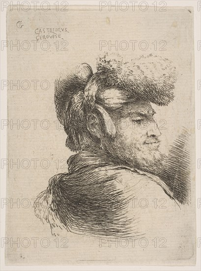 Man in profile facing right, wearing a fur hat, from series of 'Small Heads in Orie..., ca. 1645-50. Creator: Giovanni Benedetto Castiglione.