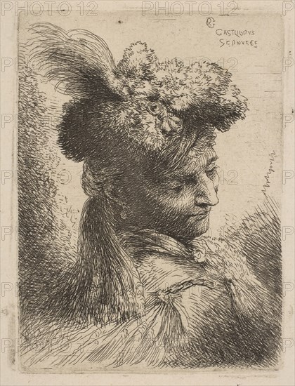 Young man facing three quaters right wearing a fur headdress with a plume, jewel an..., ca. 1645-50. Creator: Giovanni Benedetto Castiglione.