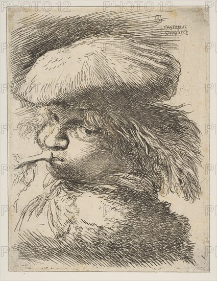 Young man with a trumpet facing left, from the series of 'Small Heads in Oriental..., ca. 1645-1650. Creator: Giovanni Benedetto Castiglione.