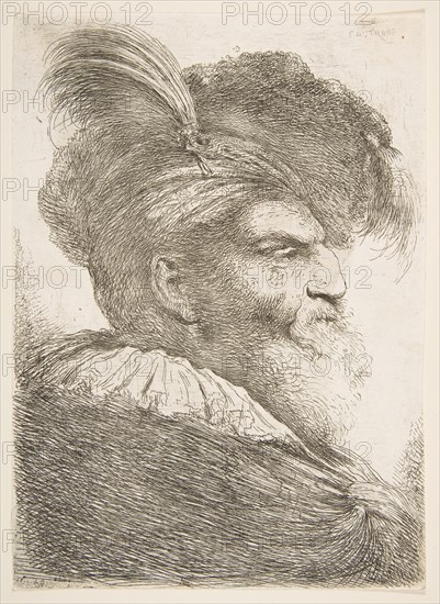 Head of an old man facing right, from the series of 'Large Oriental Heads', ca. 1645-1650. Creator: Giovanni Benedetto Castiglione.